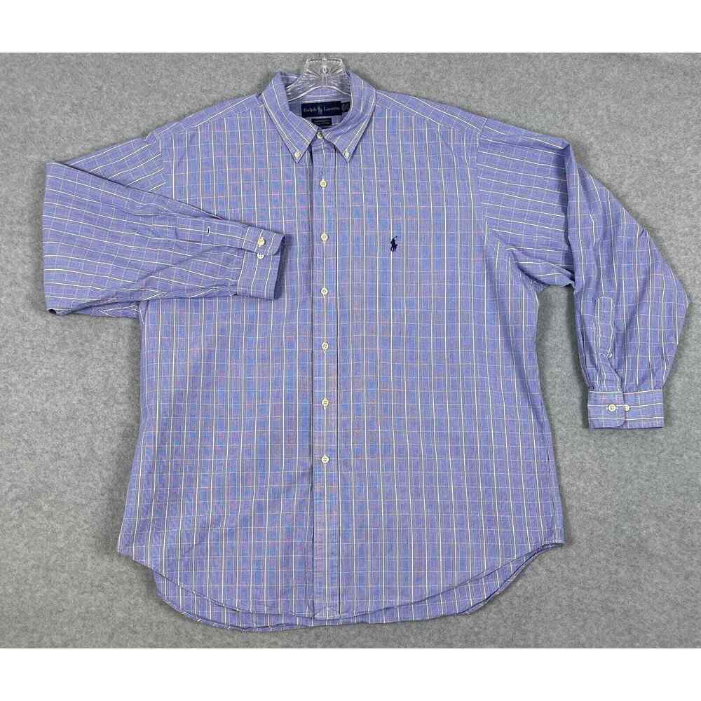 Ralph Lauren Yarmouth Shirt Men's 17.5 Neck Blue Plaid Long Sleeve Button Down‎